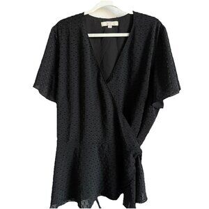 LOFT Plus Women's Black Swiss Dot‎ Short Sleeve Tie Wrap Blouse Size 22 Classic
